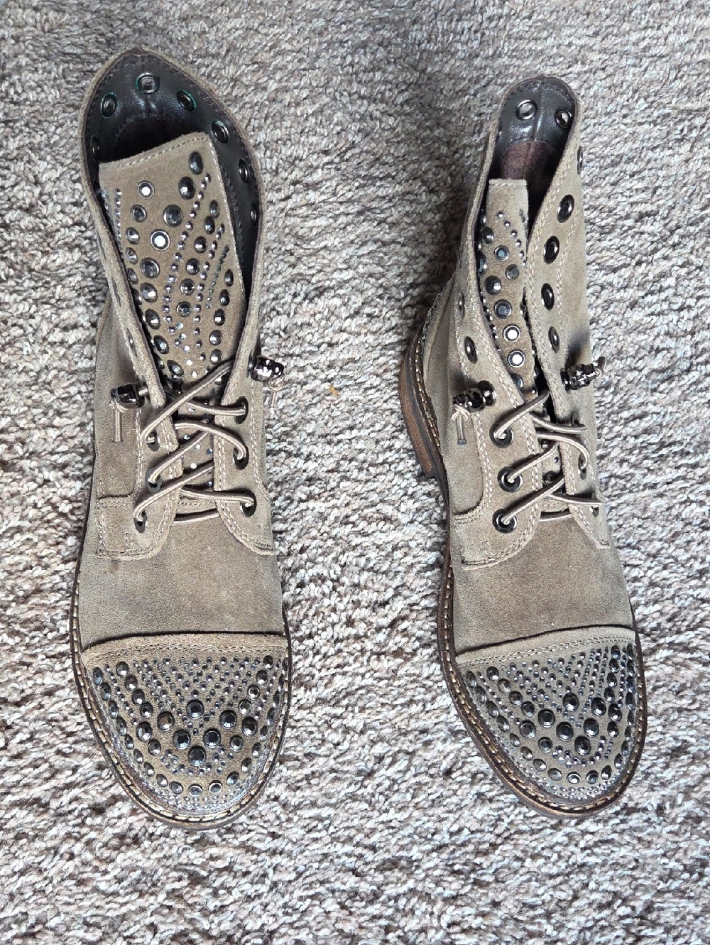 Studded Suede Lace-Up Ankle Boots in Taupe